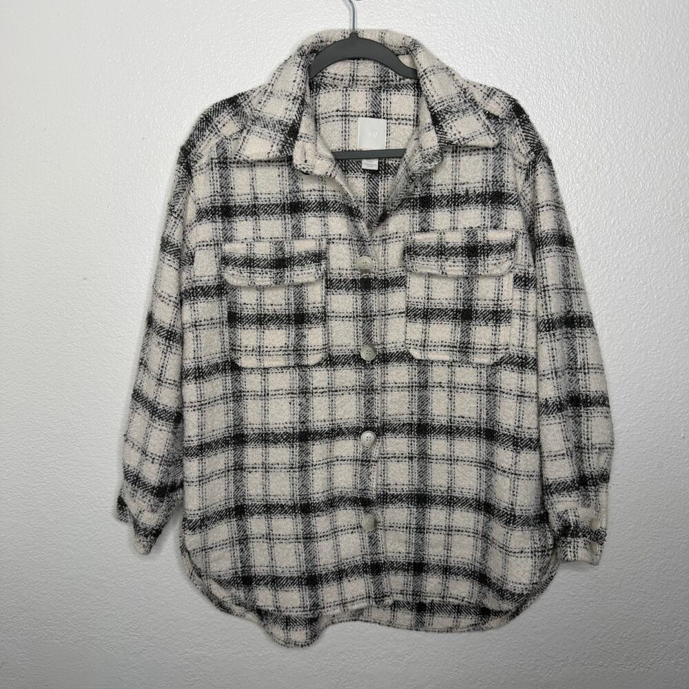 H&M Womens Jacket Size S Plaid White Black Shacket Button Front Oversized